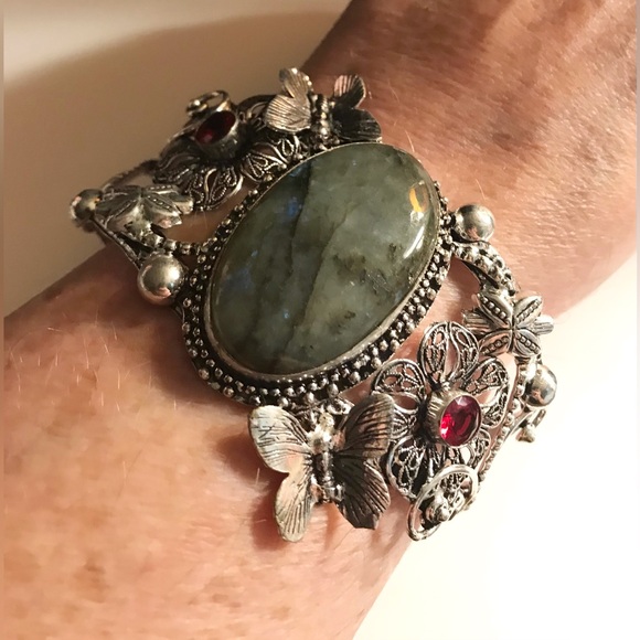 Labradorite Garnet 925 Sterling Silver Cuff Bracelet - Picture 2 of 3